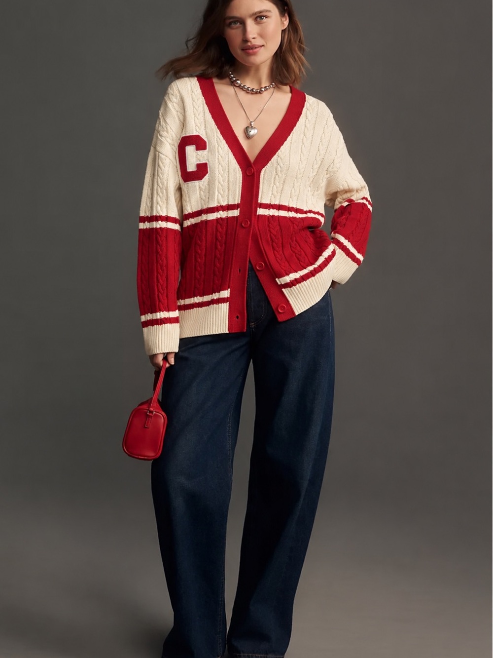 V-Neck Cable Cardigan Sweater in Cream and Red